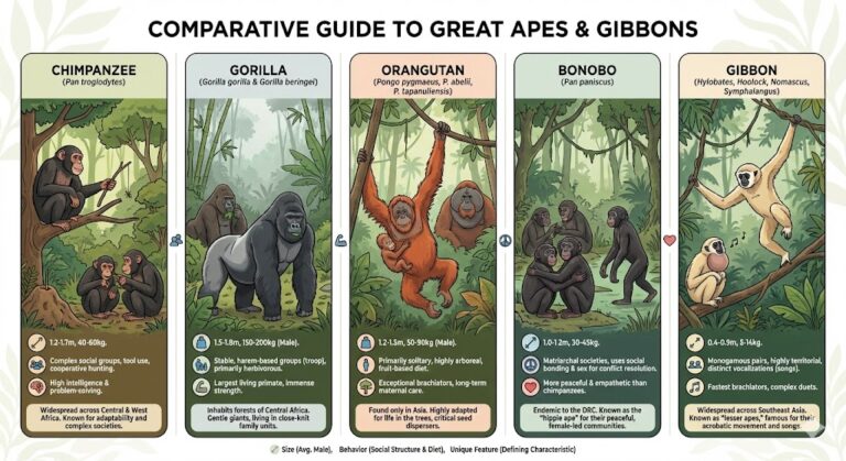 വാനരവർഗ്ഗത്തിലെ വൈവിധ്യം: ചിമ്പാൻസി, ഗൊറില്ല, ഒറാങ്ങ്ഉട്ടാൻ, മറ്റ് ഏപ്പുകൾ ഒരു താരതമ്യം