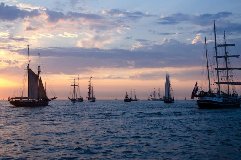 A fleet of classic sailing ships on the open sea during a stunning sunset, offering a serene maritime scene.